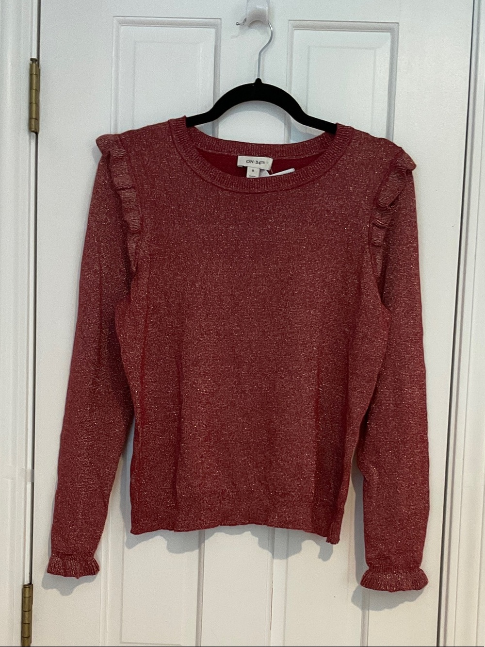 Glitter Ruffle Shoulder Crewneck Sweater in Red